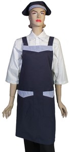 A609-1大日式藍色配條紋雙袋布圍裙79CM(有裡)